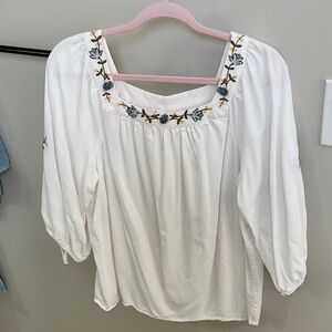 LC Lauren Conrad White Embroidered Square-Neck Blouse